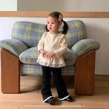 婴幼童加绒衣服女宝宝秋冬公主风长袖上衣韩版花边保暖喇叭裤套装