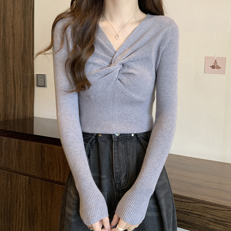 (2개) 플러스 사이즈 통통녀 크로스 V-넥베이스 스웨터 여성 가을 및 겨울 한국 스타일 슬림핏 슬리밍 벨리 커버 긴팔 스웨터 탑