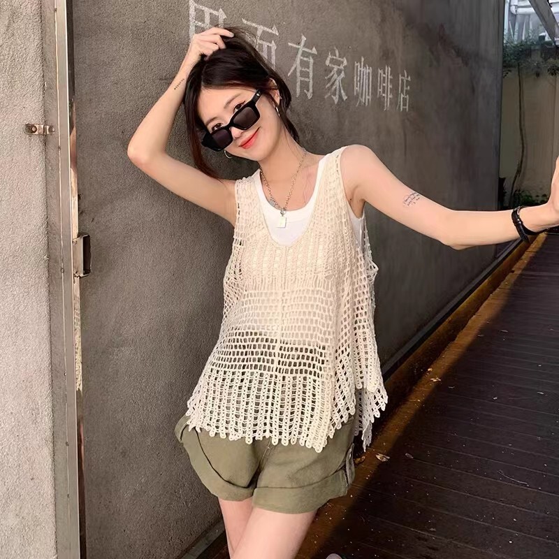 Hollow-Out Top Vest, Summer Style Similar to Zhao Lusi'S, Loose-Fitting Outerwear, Bohemian Sleeveless Vest, Bohemian Style