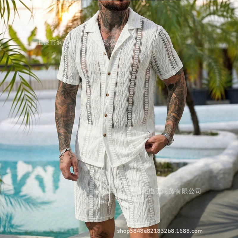 2026 Cross-Border Foreign Trade 3D Digital Print Men's Resort Style Cuban Collar Jacquard Casual Short Sleeve Shirt Set
