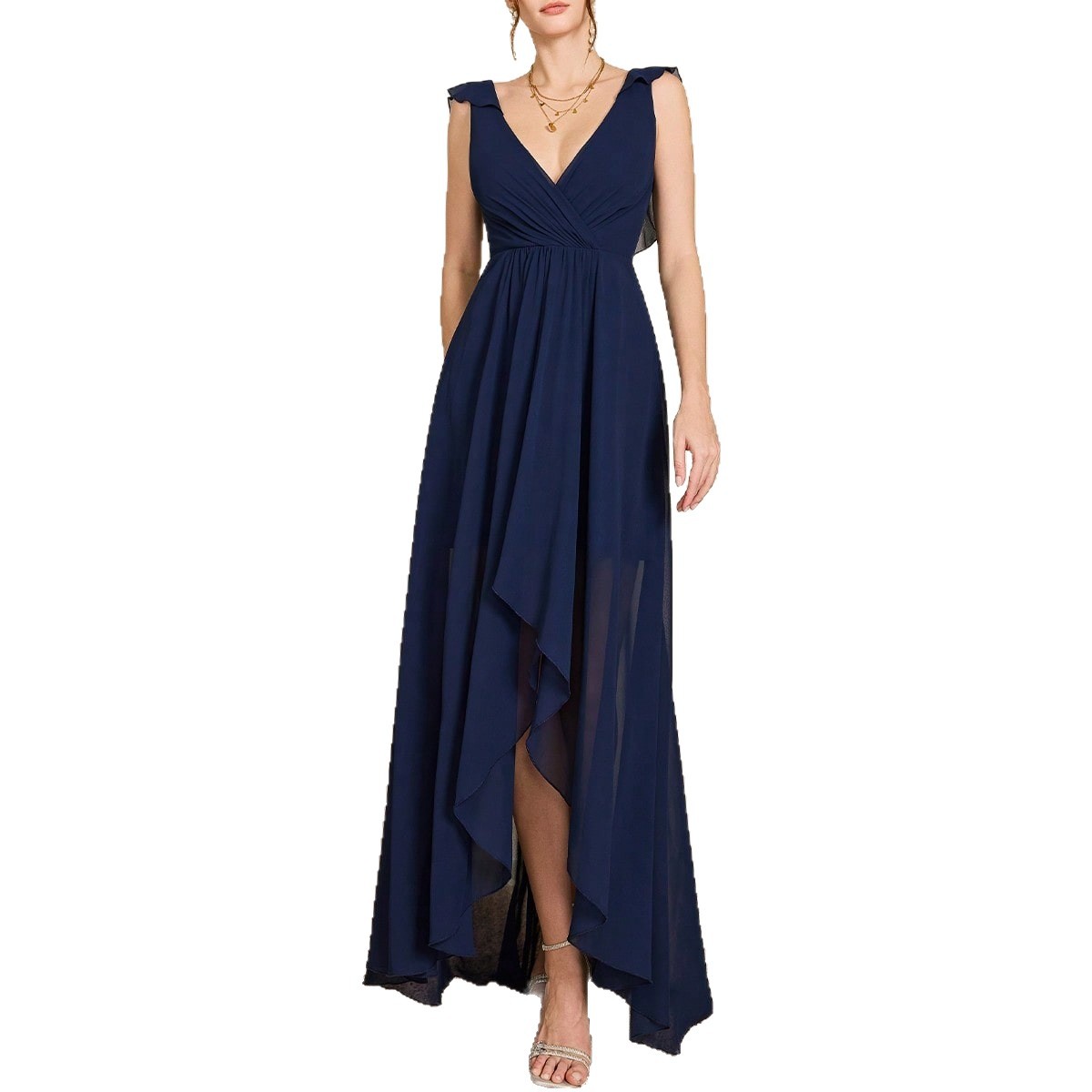 Vestido de noche de gasa con cuello en V eBay nuevo pecho plisado sin respaldo delantero corto trasero largo vestido de baile vestido de fiesta vestido de dama de honor