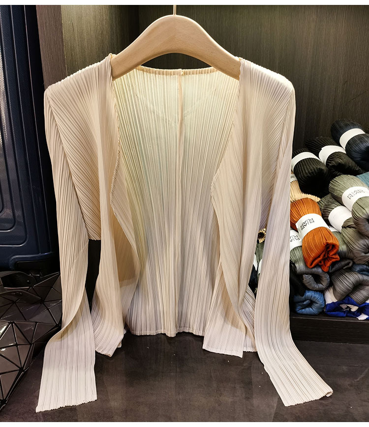 Áo cardigan nữ tay dài xếp ly không cài khuy, phong cách đơn giản cao cấp mùa xuân hè — Màu xanh lam nhạt, Màu đen, Xanh Lông Công, Màu hồng chi tiết 7