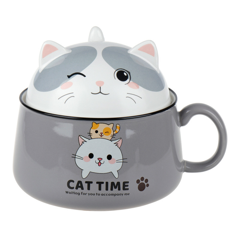 Taza de desayuno de caricatura de cerámica con tapa de alto valor de la oficina gatos creativos con mano mano mano mango de regalo tazón de porcelana image 9