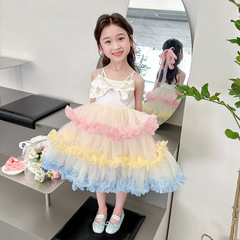 女孩蓬蓬裙連衣裙夏裝女寶寶彩虹蛋糕裙女寶寶吊帶公主裙生日禮服