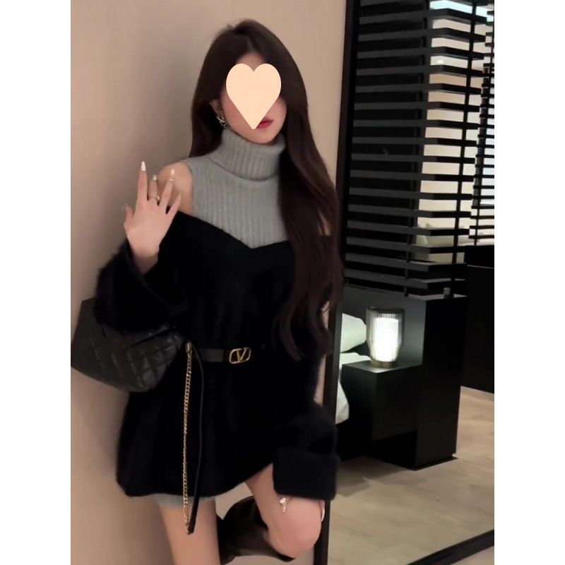 블랙 밍크 양털 게으른 스웨터 겨울 새로운 도착 작은 느슨한 스웨터 원피스 쌓인 투피스 세트