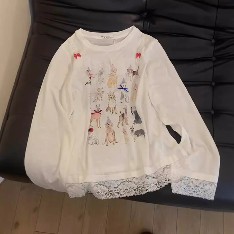 American Style High Street Stitching Lace Cartoon Long-sleeved T-shirt Women's Summer Loose Design Sense Niche Sunscreen Blouse Top