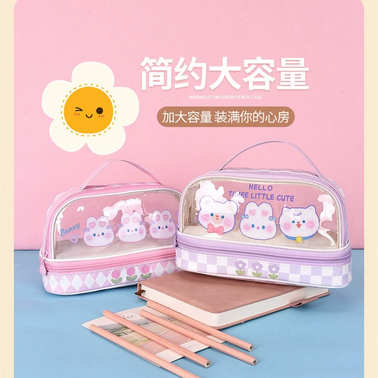 Пенал для девочек средней школы Высокоценный двухслойный прозрачный пенал большой емкости Ученики начальной школы Пенал для девочек Японский отдел