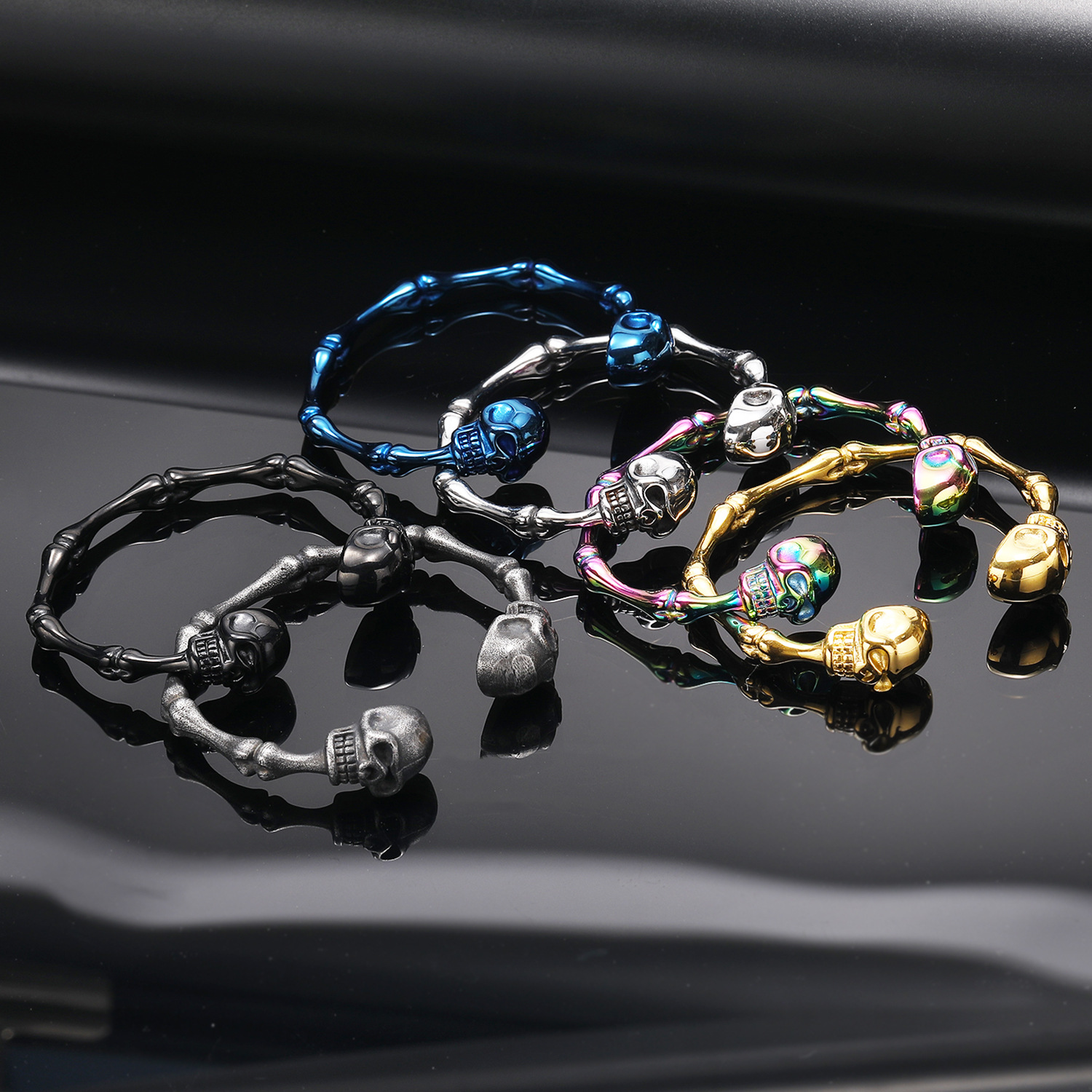 European and American retro ins trendy punk Halloween bamboo skull men's titanium steel bracelet personality hip hop bracelet