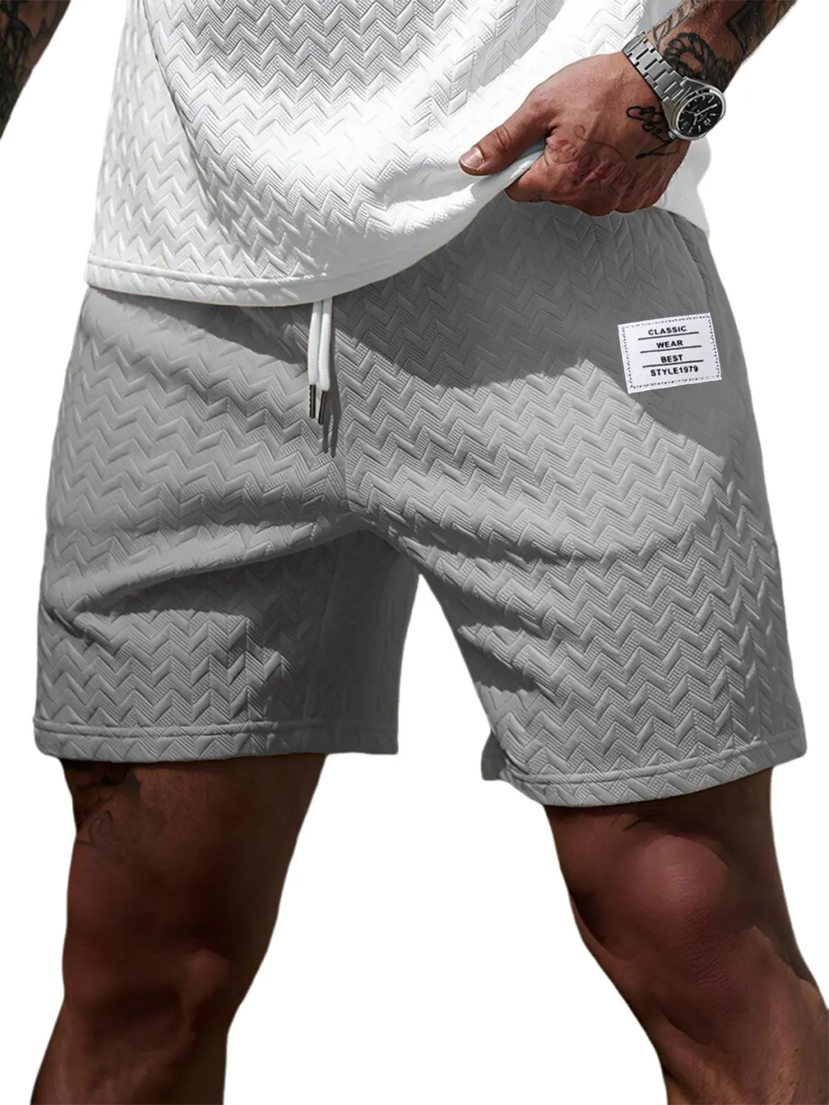 Short d'été décontracté pour homme, coupe ample, couleur unie, tissu jacquard, cordon de serrage, style plage, pour occasions formelles et décontractées._voghion.com