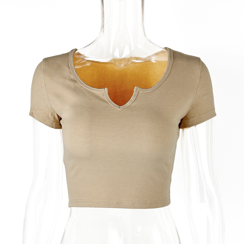 Camiseta de Verano 2025, Estilo Europeo y Americano, Nueva, para Mujer, de Algodón Puro, Acanalada, Ajustada, Corta, con Cuello en V, Manga Corta image 10