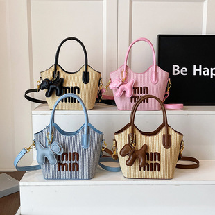 Min straw woven bag women's bag shoulder bag woven handbags trendy versatile beach bag seaside vacation handbag