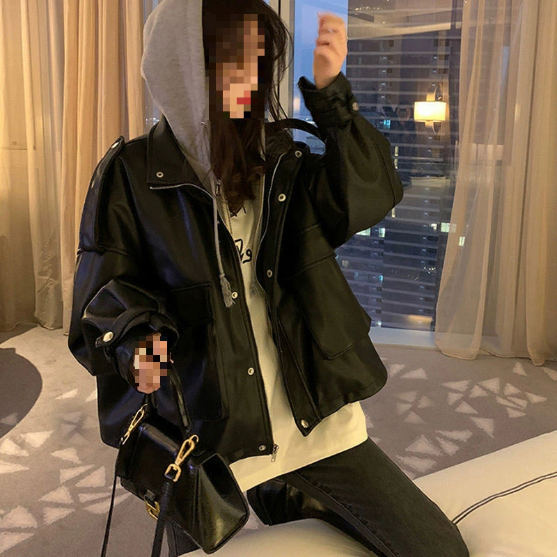 Z3J [коллекция на 4,1 тысячи человек] Женская искусственная кожаная куртка из двух частей, осень-зима 2024, новая черная короткая модель из искусственной кожи на флисовой подкладке