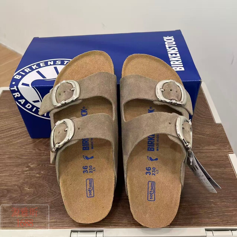 Vintage Collaboration Silver Buckle Birkenstock-Style Sandals, Genuine Leather Cork Thick-Soled Sandals, Double Buckle Strap Slip-On Sandals for Outdoor Wear, Original Label Vintage Collaboration Silver Buckle Birkenstock-Style Sandals, Genuine Leather Cork Thick-Soled Sandals, Double Buckle Strap Slip-On Sandals for Outdoor Wear, Original Label