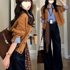 纯欲风辣妹套装女早秋新款韩系气质长袖外套衬衫阔腿裤三件套