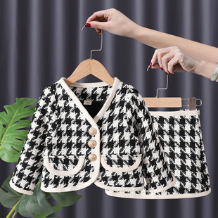 Baby's Autumn Dress Girls' Suit Baby Girl's Cardigan Short Skirt Houndstooth Baby's Fragrant Spring Suit Fashion Western Style