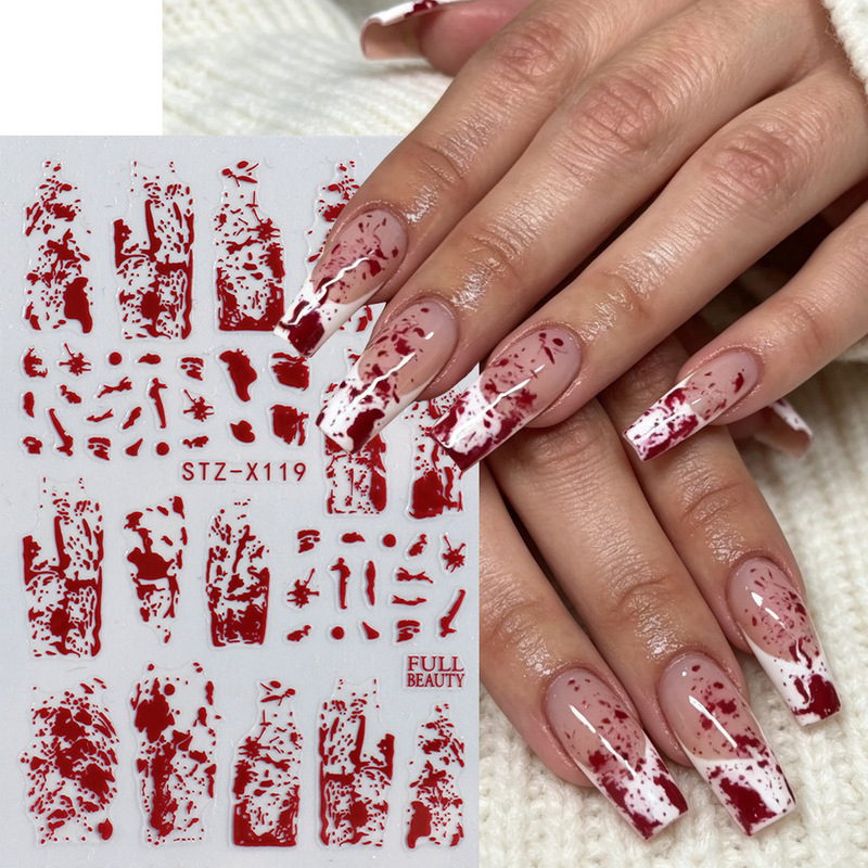 Cross-border new nail art stickers, Halloween-themed, featuring blood splatters, red ink splashes, and a dark, horror-inspired design, with adhesive backing, wholesale Cross-border new nail art stickers, Halloween-themed, featuring blood splatters, red ink splashes, and a dark, horror-inspired design, with adhesive backing, wholesale