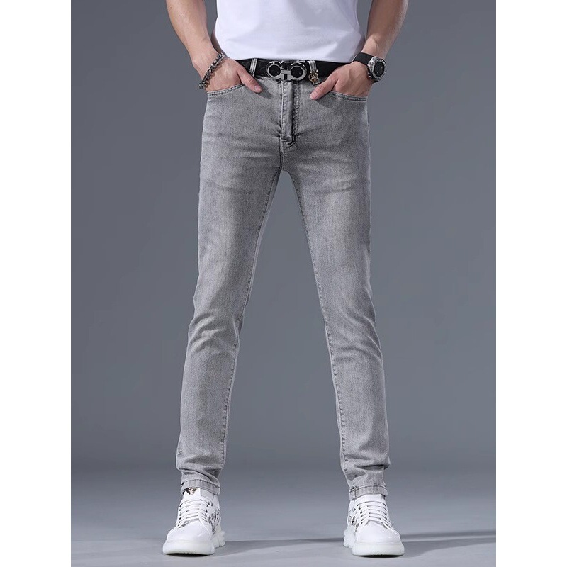 Italian High-End Light Gray Printed Rhinestone Jeans for Men, New Spring Style, Slim Fit, Stretchy, Fashionable and Trendy