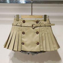 1件起批2025秋女装 卡其色双排扣高腰显瘦休闲百褶半身裙S250605