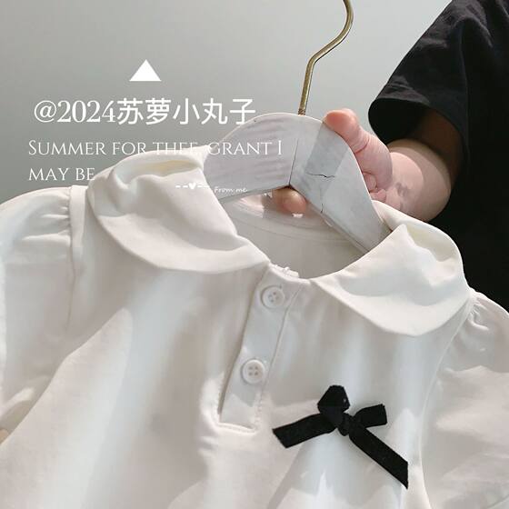 Summer 2024 0-3 Years Old Girl Children Baby Girl Korean Style Round Neck Bow Short Sleeve Top T-Shirt