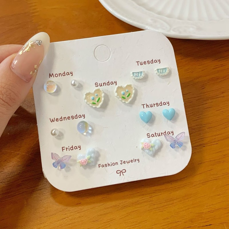 フラワーイヤリングセットドーパミンニッチミニかわいいラブリボンフラワー小さなイヤリング組み合わせ卸売|undefined