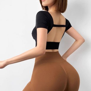 Square Collar Hollow-out Beauty Back Sports Short-sleeved T-shirt Women's Running Quick-drying Fitness Clothes Detachable Chest Mat Yoga Clothes