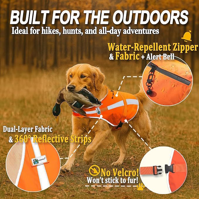 Dog Reflective Hunting Security Vest Flame Orange High Visibility Waterproof Lightweight Pet Vest Detachable Bell
