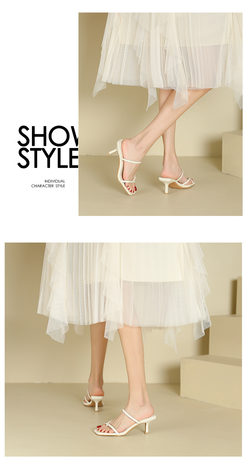 Sandal cao gót nữ mũi vuông quai xỏ ngón gót nhọn — Trắng be chi tiết 6