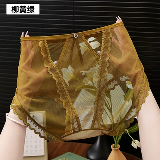 大码网纱女士内裤性感透气中高腰蕾丝提花包臀抗菌裆无痕内裤女