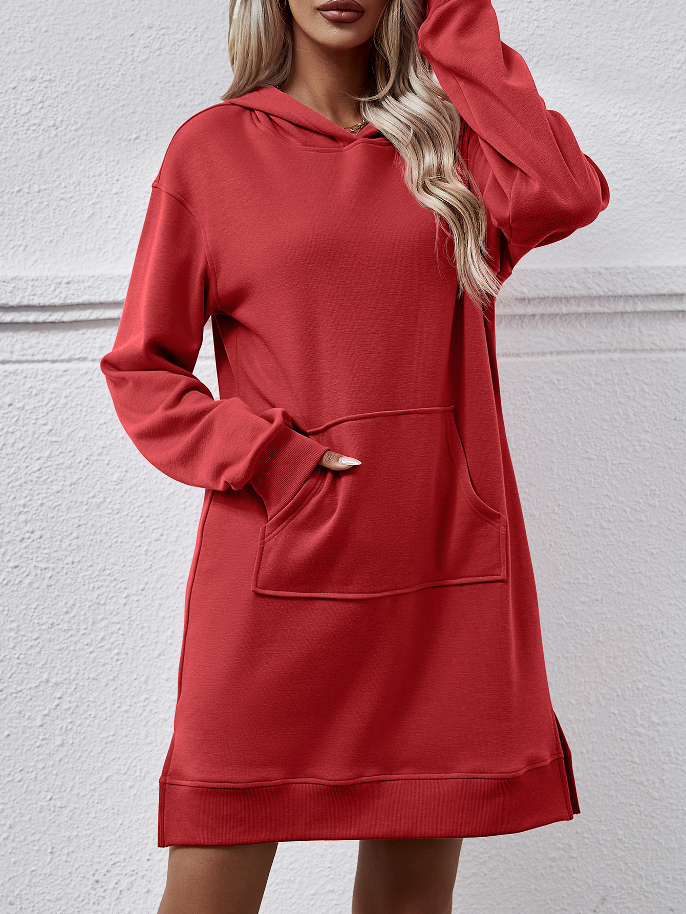 Autumn Winter Women Clothing Hooded Long Sleeve Kangaroo Pocket Split Long Sweater Dress