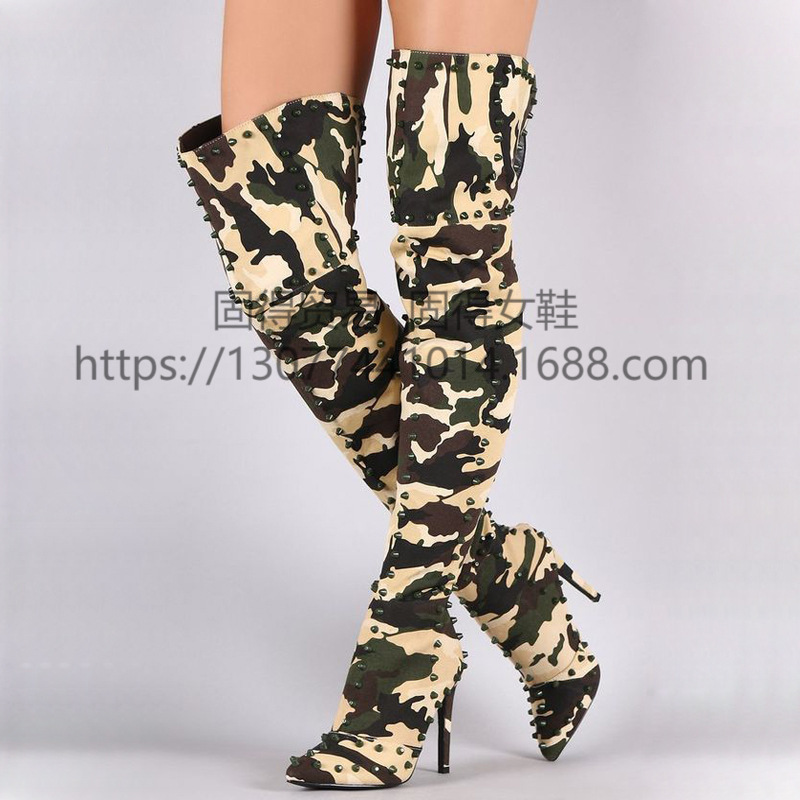 跨境独立站ins时尚走秀Rivet铆钉迷彩军绿打钉过膝长靴外贸货源速