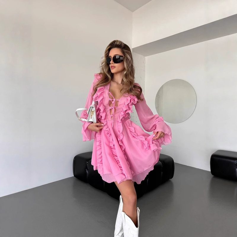 2025 European and American Cross-Border Amazon Elegant Chiffon V Neck Ruffle Design Dress Lace-Up Long-Sleeved A-Line Skirt