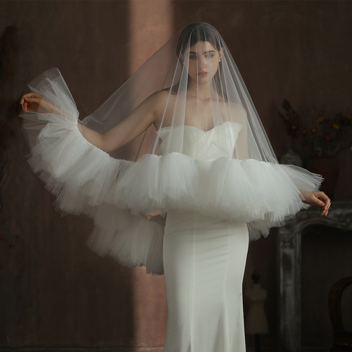 Xinmeiji heavy industry ruffled bridal veil white double-story photo studio travel photo outdoor fluffy soft gauze V309