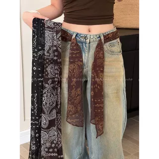 中古Vintage棕色腰果花丝巾女2026新款长条飘带系脖领巾装饰配饰