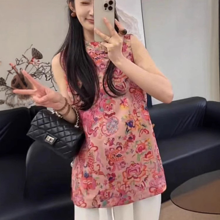 New Chinese Style National Style Jacquard Sleeveless Vest Shirt Women's 2025 Summer New Loose All-match Old Money Style Buckle Top