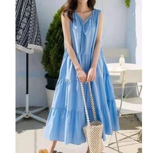 日系连衣裙2021夏季新款纯色系带褶皱无袖连衣裙