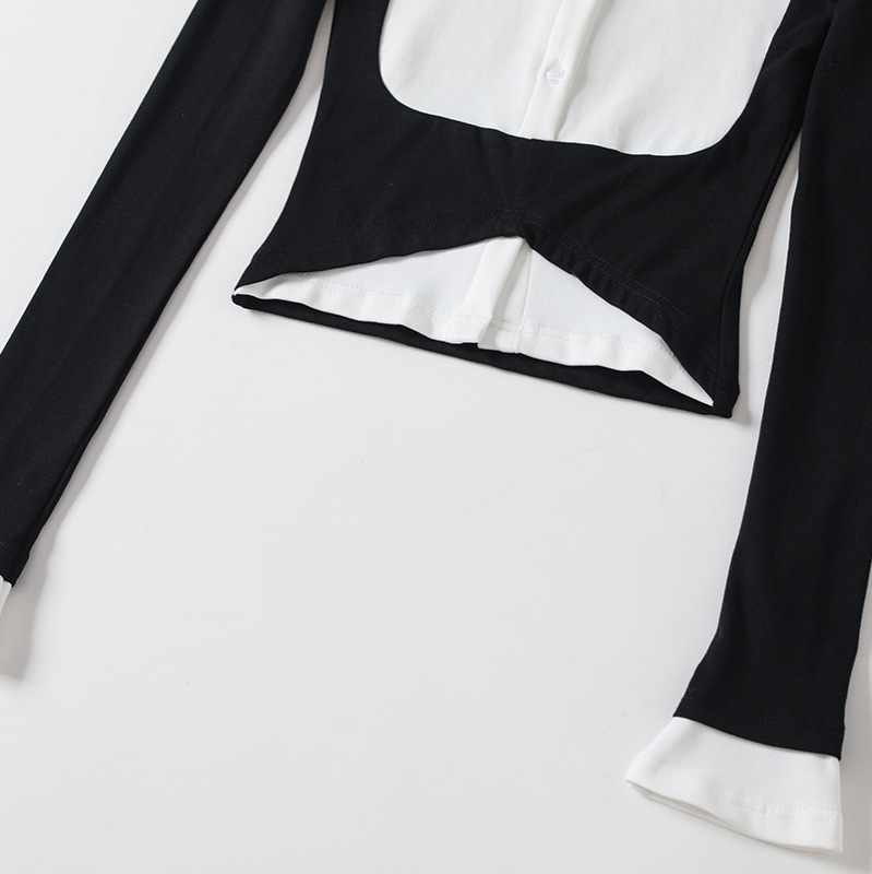 T289-24 가을 새로운 유럽과 미국 스타일의 가짜 투피스 컬러 매칭 디자인 센스 폴로 칼라 싱글 브레스트 긴 소매 짧은 셔츠