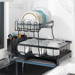新しいキッチン二層食器水切りラック、取り付け不要の食器乾燥ラック、カップ、箸、水切りラック、収納ラック