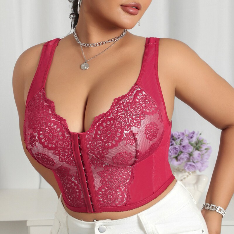 Cross-Border European and American Style Front-Clasp Wireless Breathable Plus-Size Bra, New Foreign Trade Waist-Cinching Lace Solid Color Shapewear Top