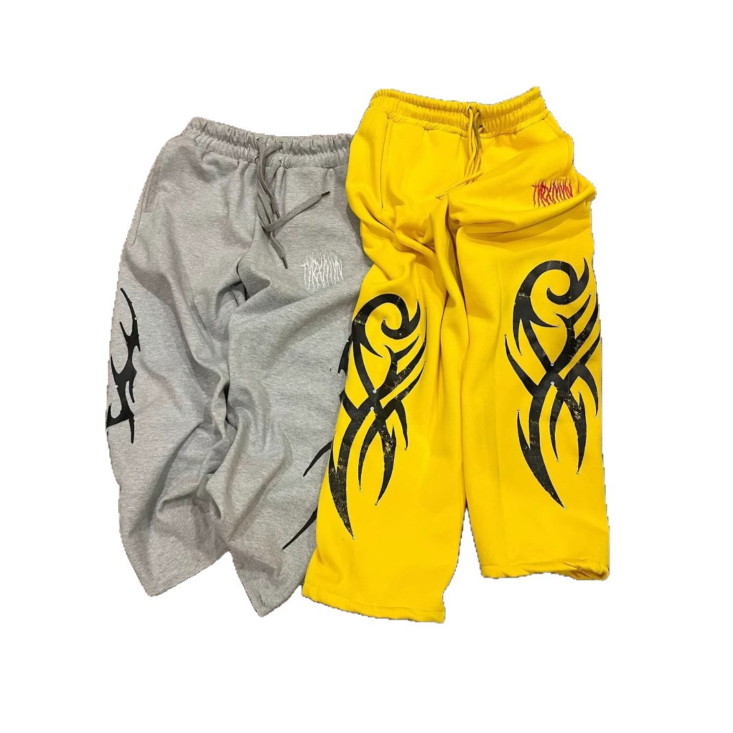 Pantalones deportivos de pierna ancha con cintura elástica para hombre, estilo europeo y americano, modernos, retro, hip-hop, rap, estampados urbanos, informales