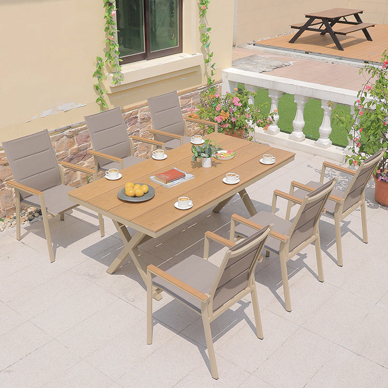 6 * silla de malla de Tek + mesa larga de madera plástica 220 * 90cm