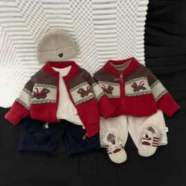 婴儿拜年服加绒毛衣秋冬季男女宝宝加厚冬装儿童保暖针织开衫衣服