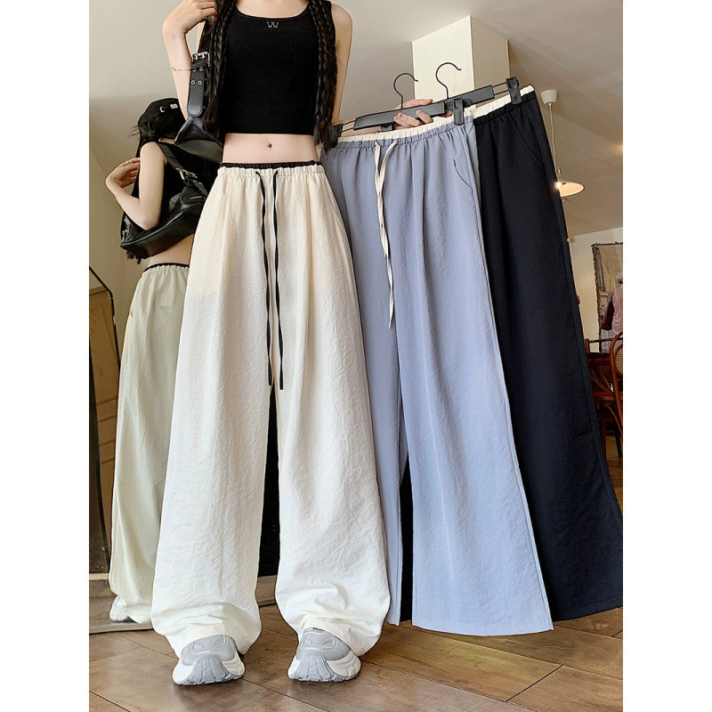 Широкие брюки из ледяного шелка контрастного цвета для полных женщин больших размеров, летние, тонкие, текстурированные, прямые, повседневные, 2025