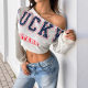 2025 Tiktok Autum Hot Sale New Letter Print Trendyy Sexy Slant Collar Short Navel-Baring Sweatshirt for Women