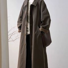 韓国系の濃い茶色の純色の襟をめくる風衣女性2025秋の新型通勤気質のゆったりしたロングタイプの風衣コート