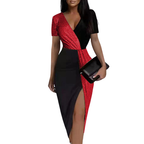 Shiny Contrast Ethnic Style High-Waisted Solid Color Elegant Commute Medium-Length Dress with Short Sleeve and Waist Cinching Dress