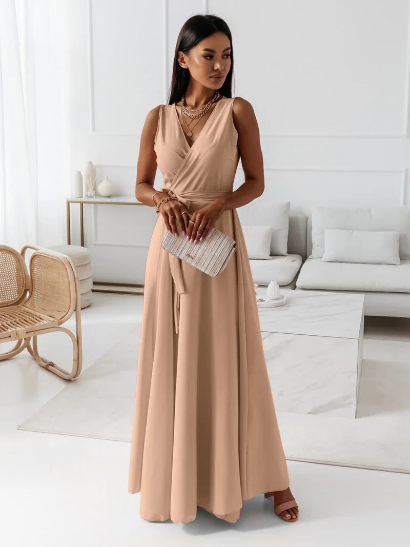 2025 Independent Station European And American Cro-Border Spring Summer New Women's Solid Color V-Neck Long_ecoleips.com