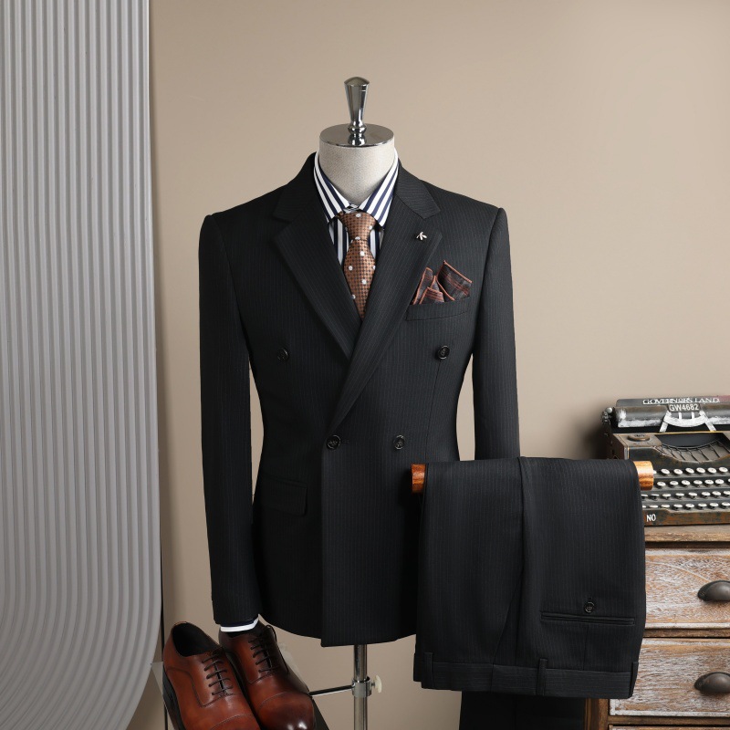 High End Slim Fit Double Breasted Men's Suit Black Groom's Wedding Attire Casual Business Professional Jacket_voghion.com