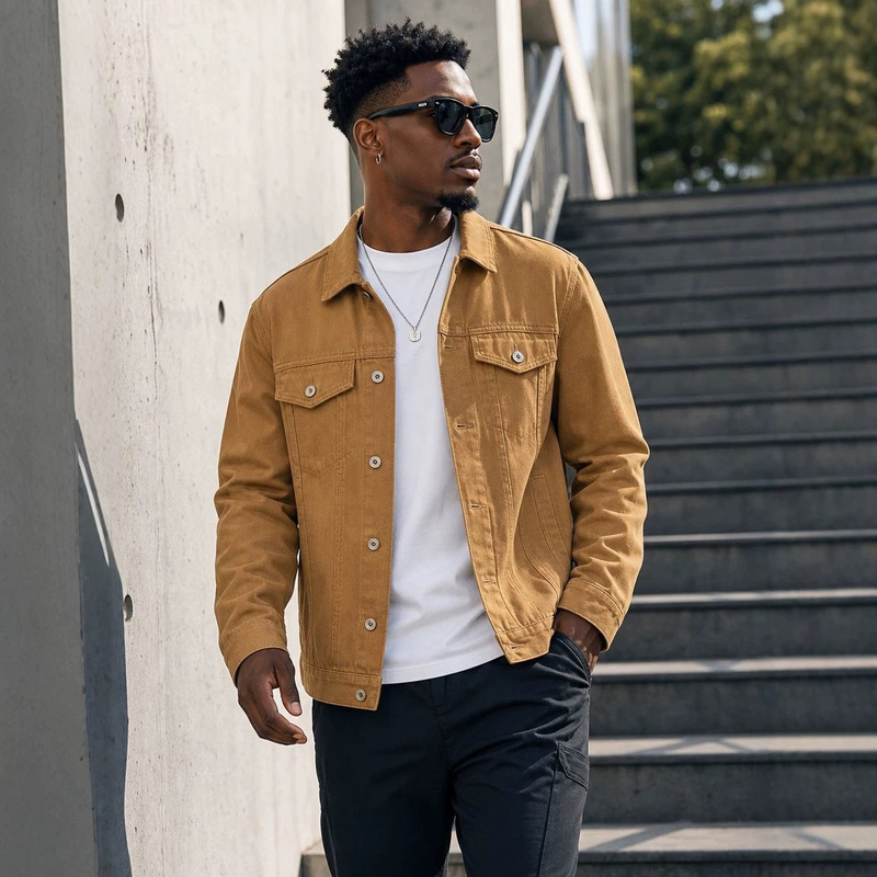 European and American Cross-Border Foreign Trade Men's Denim Jacket Street Fashion Trendy Fitted Solid Color Casual Versatile American Style