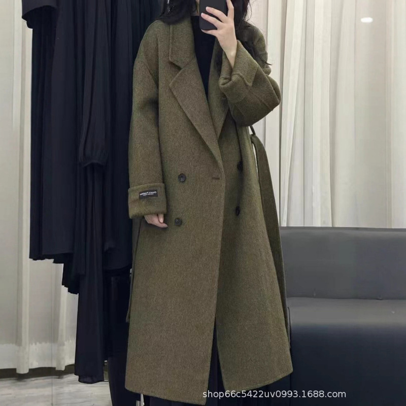 【Han Xi】Autumn and Winter Long Double-Sided Wool Coat for Women, Korean Style Double-Breasted with Belt, Loose Thickened Woolen Jacket