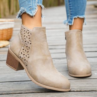 Temu hot Chelsea boots 2024 autumn and winter new hollow-out pointed low-tube square heel cross-border European and American women's boots in stock